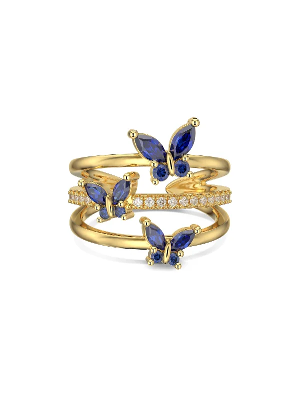 18k Gold Plated Butterfly Adjustable Triple Wrap Open Ring