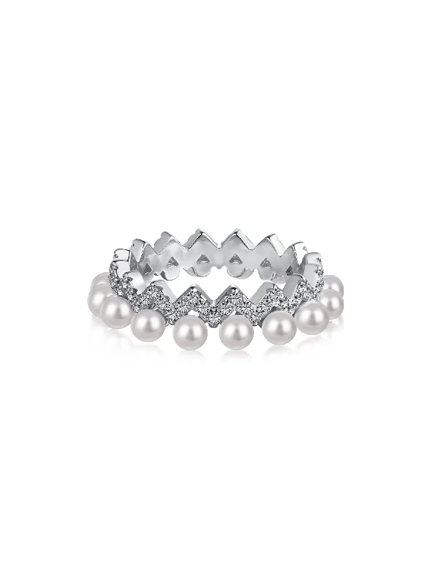 925 Sterling Silver Full Pearl 5A Cubic Zirconia Crown Shaped Ring