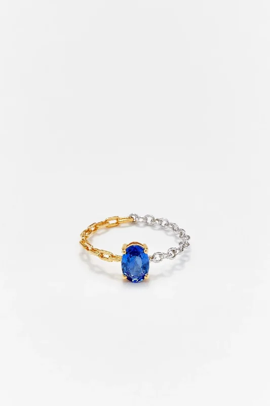 Bague Solitaire Saphir Bleu - Ors Blanc et Jaune