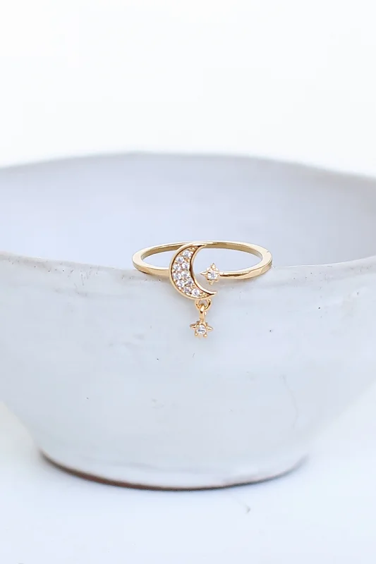 FINAL SALE - Raven Gold Rhinestone Moon + Star Ring