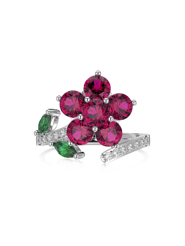 Red Flower Green Leaves 925 Silver Wrap Ring