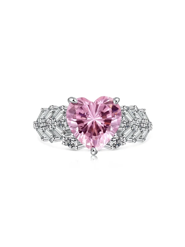 s925 Sterling Silver Pink Heart Zircon Luxury Half Setting Ring