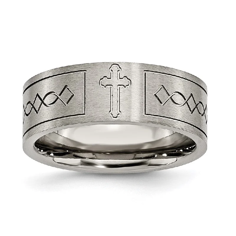 8mm Titanium Brushed Cross Design Flat Standard Fit Band