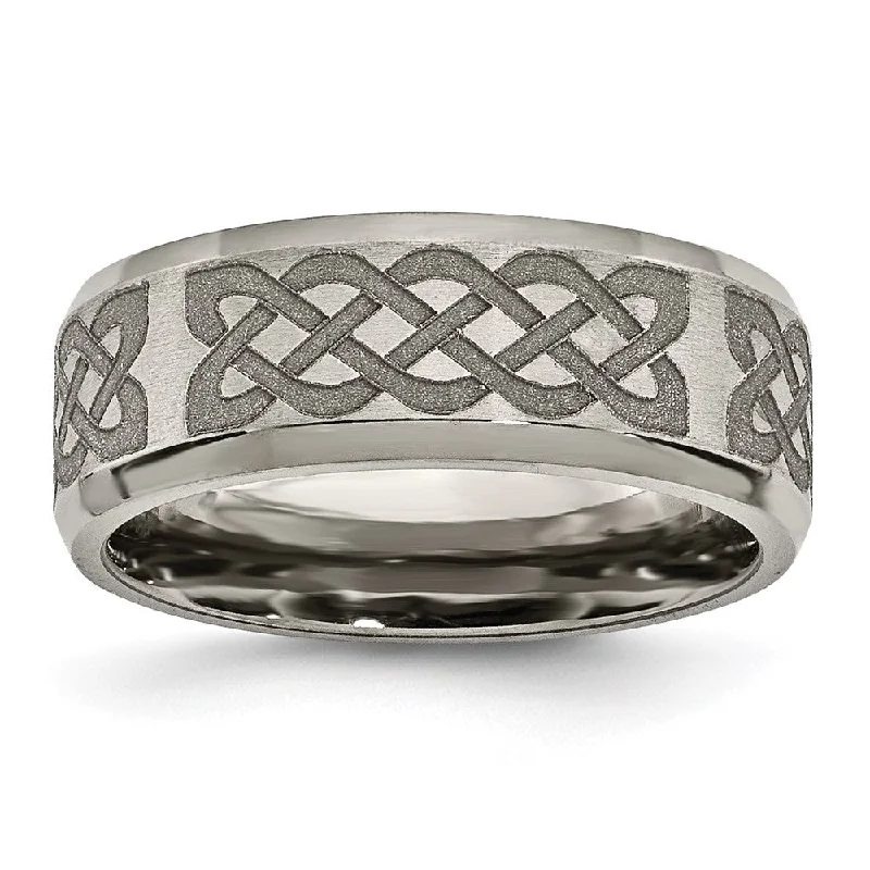 8mm Titanium Celtic Laser Etched Design Beveled Standard Fit Band