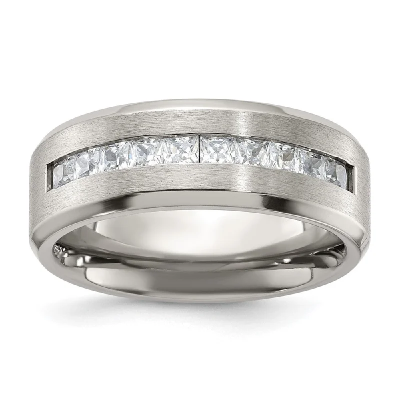 8mm Titanium & CZ Brushed & Polished Beveled Standard Fit Band