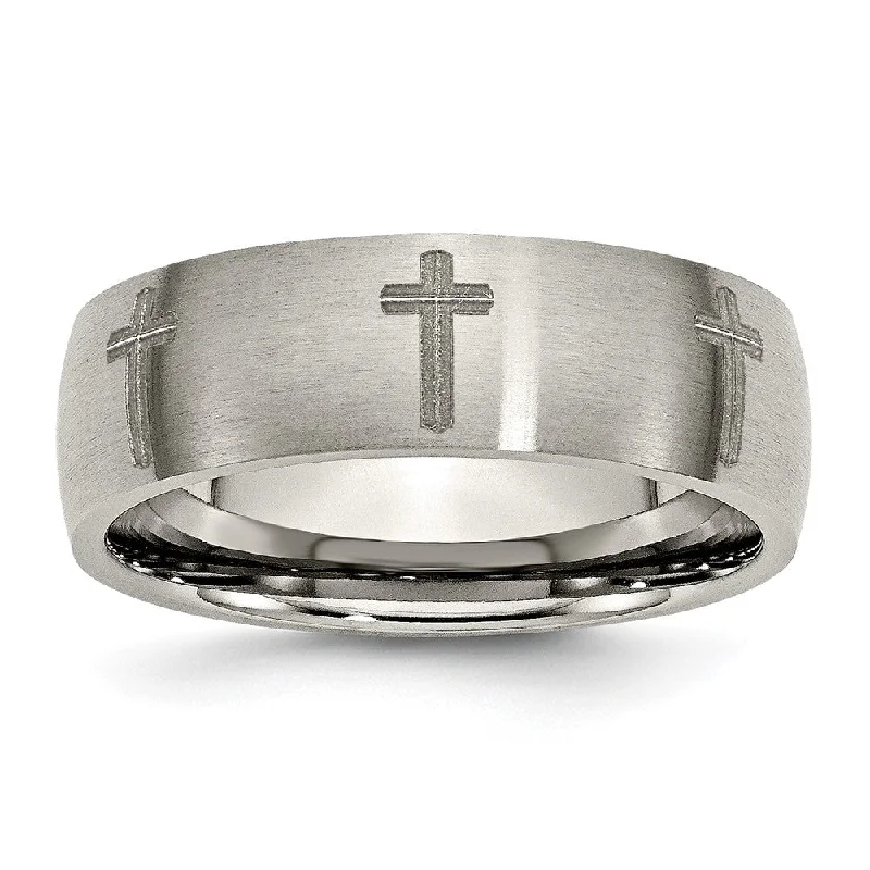 8mm Titanium Etched & Brushed Cross Domed Standard Fit Band