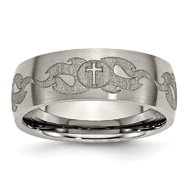 8mm Titanium Etched/Brushed Cross & Flames Domed Standard Fit Band