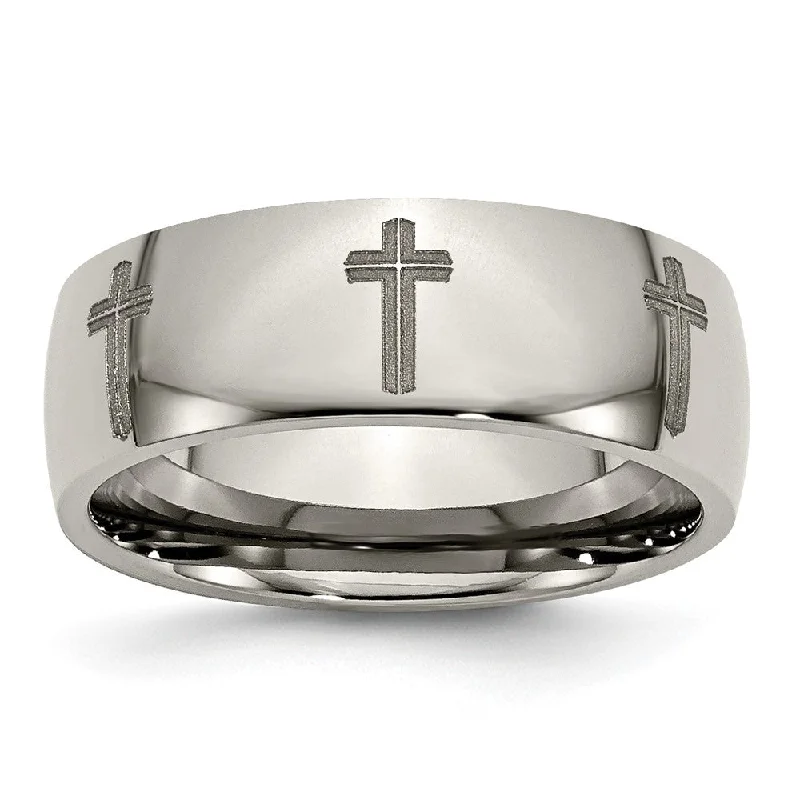 8mm Titanium Etched & Polished Cross Domed Standard Fit Band