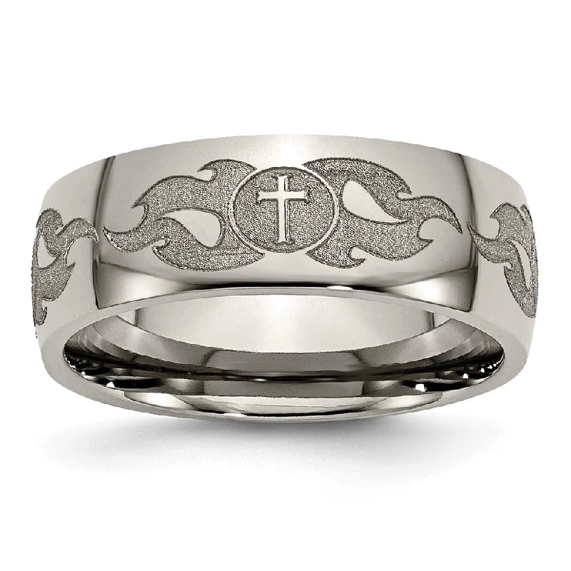 8mm Titanium Etched/Polished Cross & Flames Domed Standard Fit Band