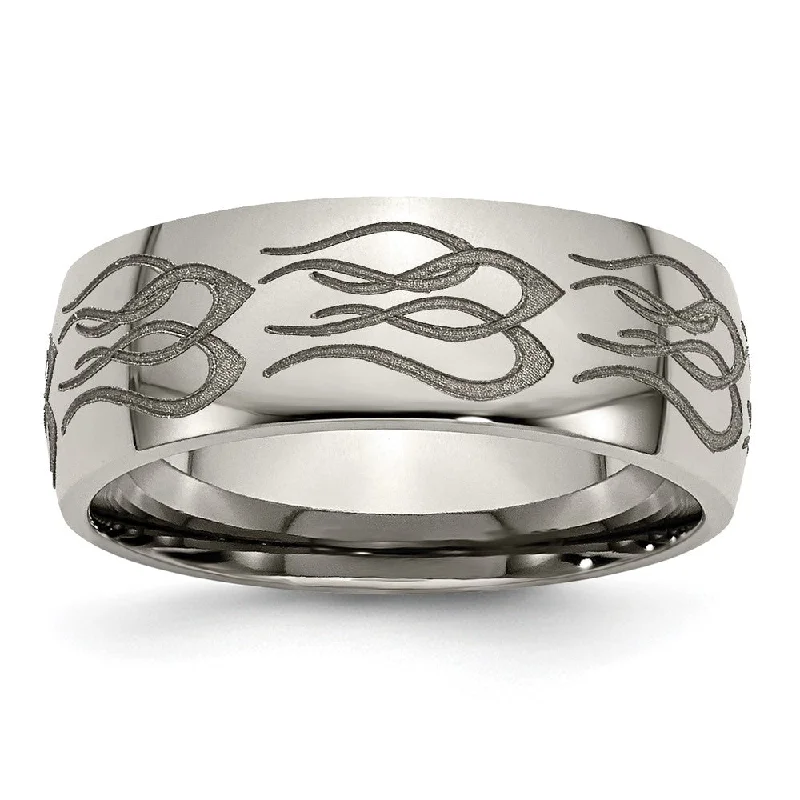 8mm Titanium Etched & Polished Flames Domed Standard Fit Band