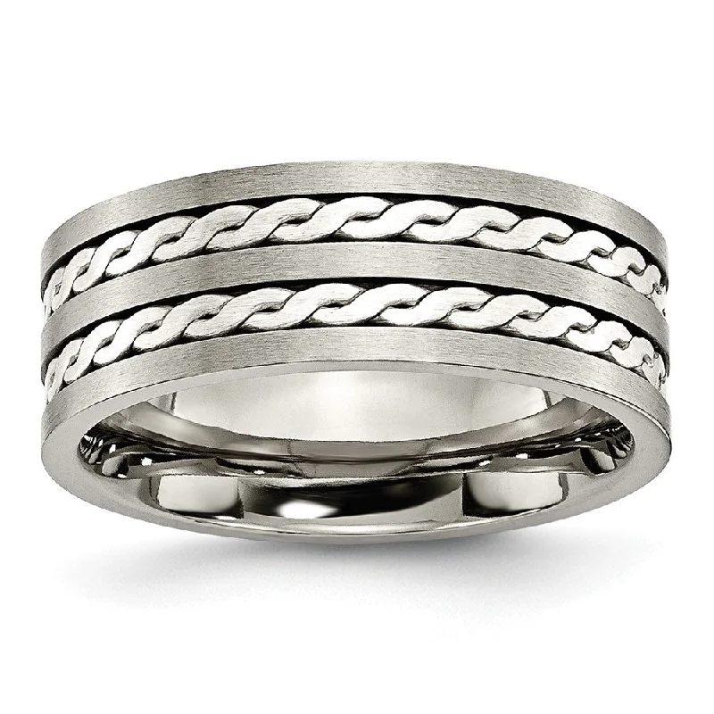 8mm Titanium & Sterling Silver Braided Inlay Flat Comfort Fit Band