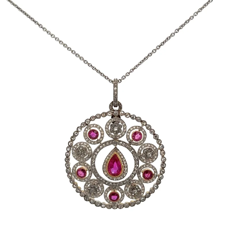 Antique Victorian Circular No-Heat Burmese Ruby Pendant Necklace in Platinum Topped Gold