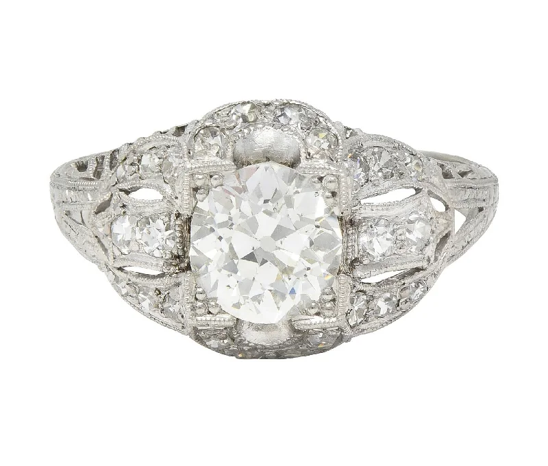 Art Deco 1.79 CTW Old European Cut Diamond Platinum Quatrefoil Antique Engagement Ring