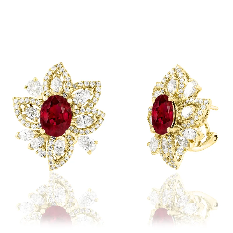 Statement Ruby Floral Earrings in 18k Yellow Gold