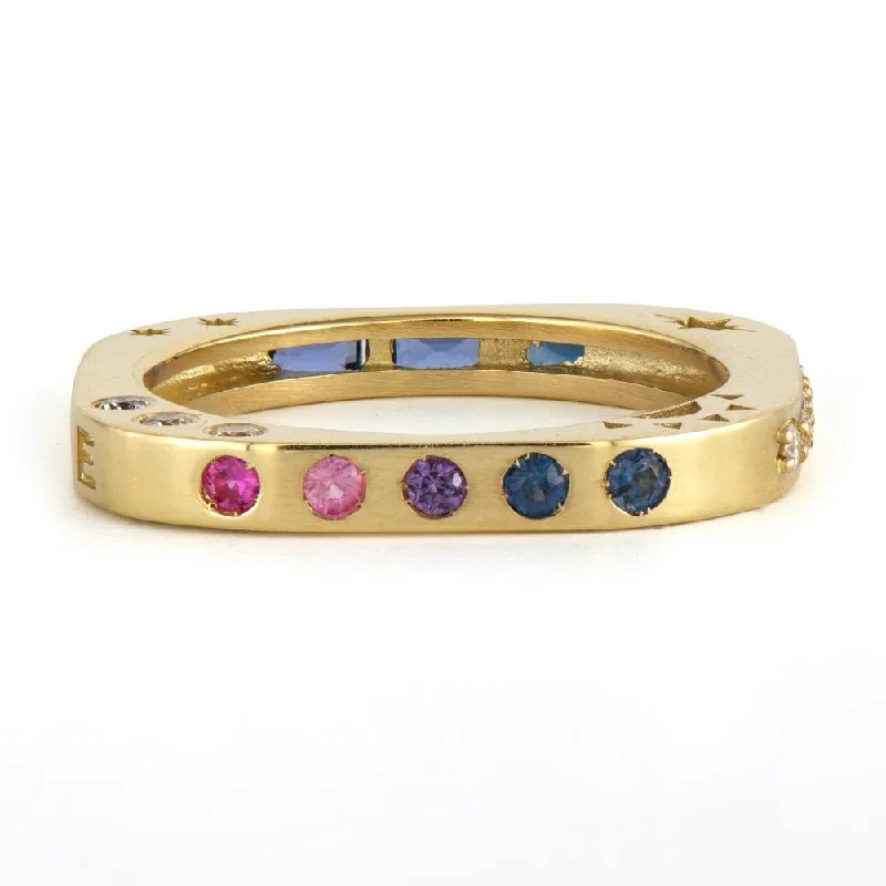 Multi-Stone Square Engraved Love 14K Gold Band