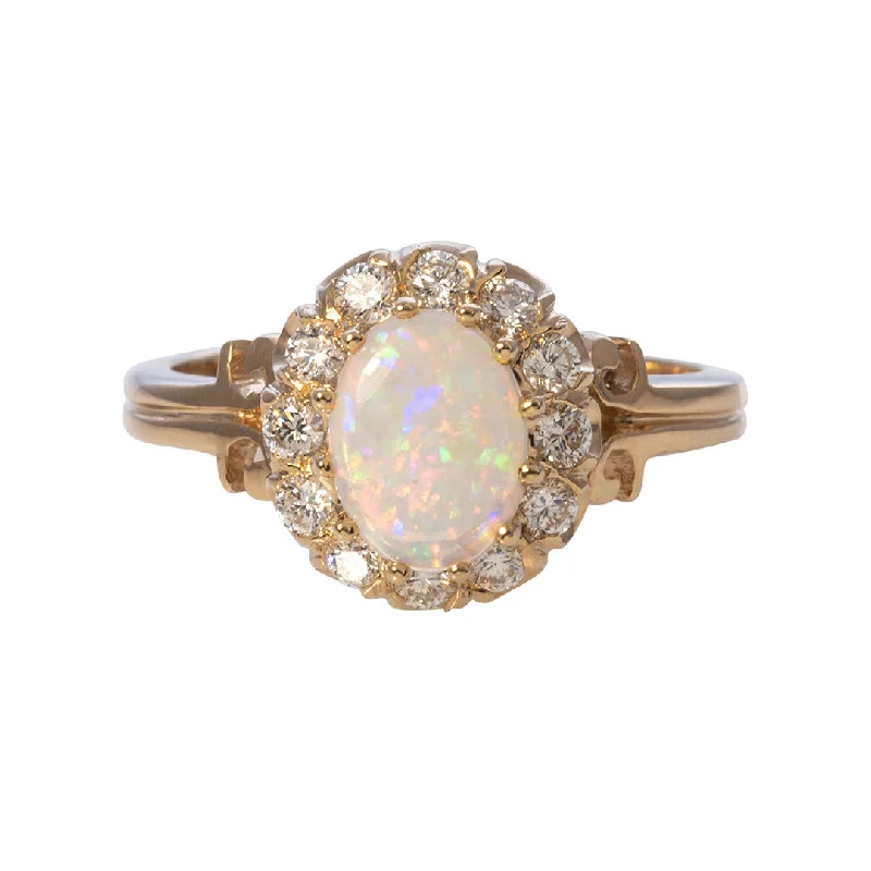 Oval Opal & Diamond Cluster 14K Yellow Gold Ring