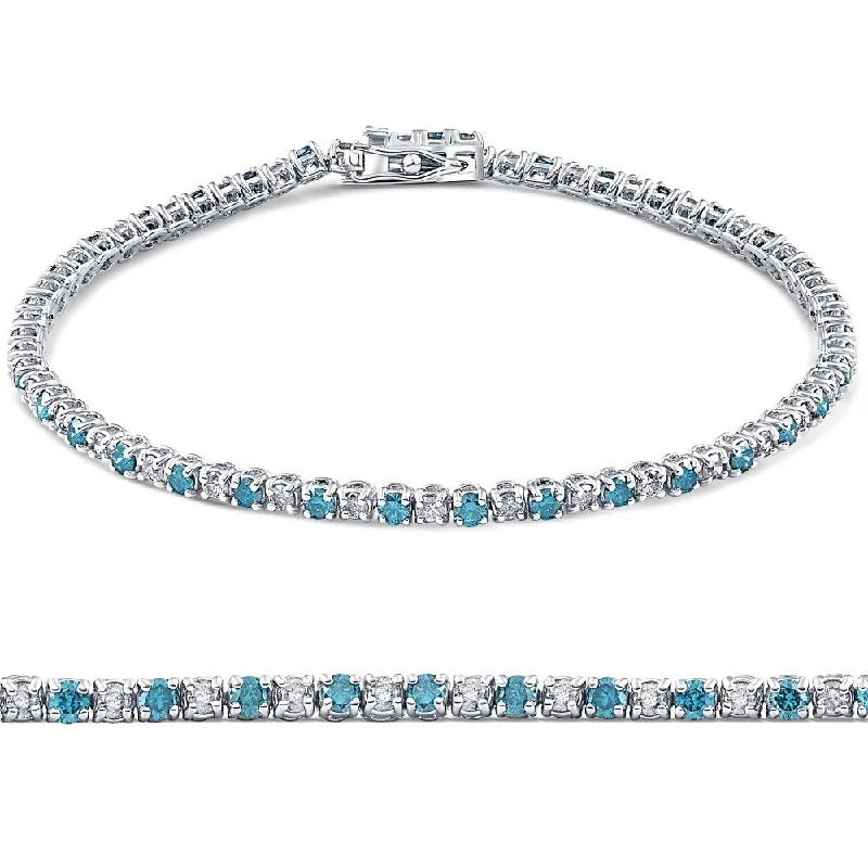 1 1/2ct Blue and White Diamond Tennis Bracelet 14K White Gold