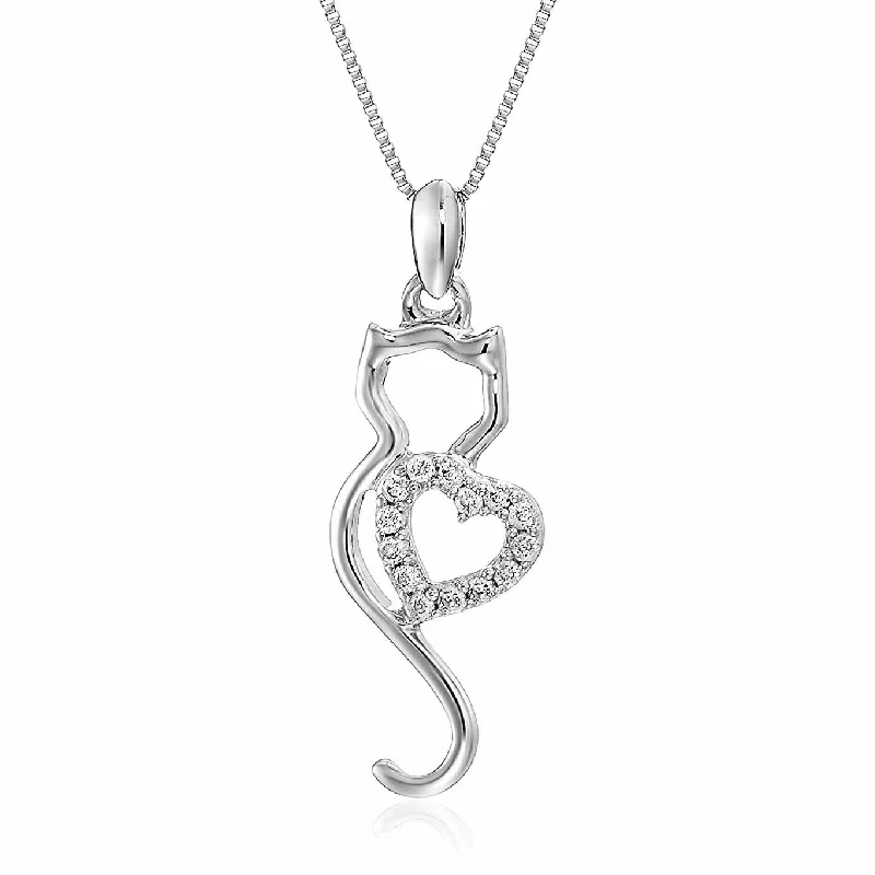 1/10 cttw Diamond Cat Pendant In 14K White Gold with 18 Inch Chain