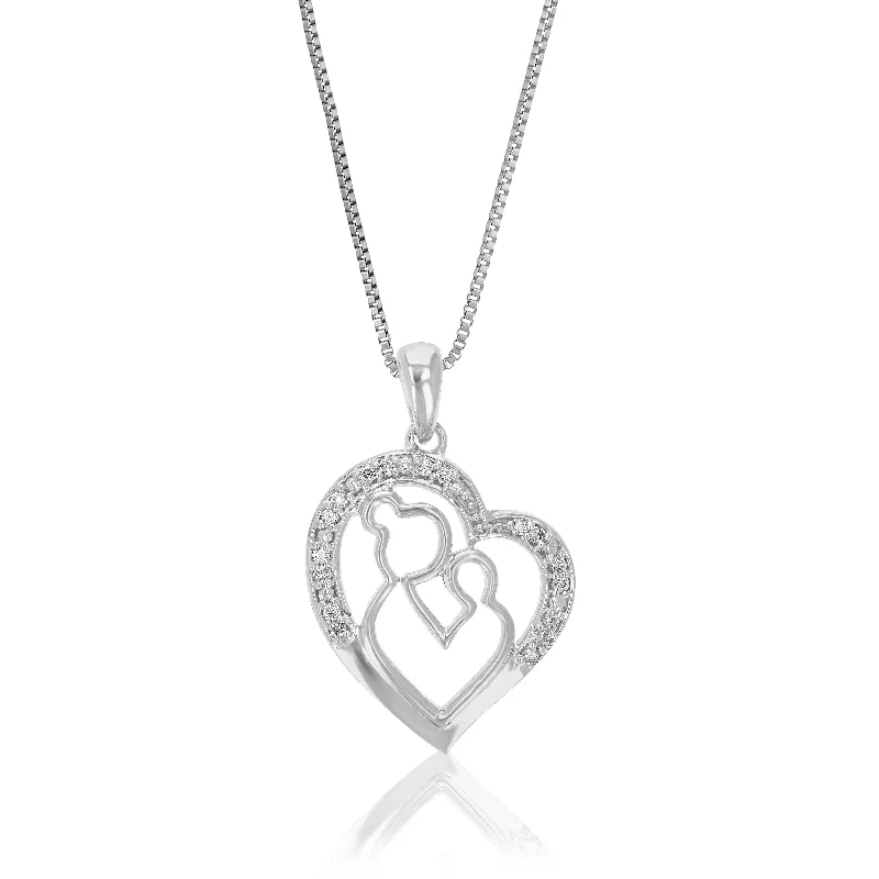 1/12 cttw Lab Grown Diamond Pendant Heart And Mom Necklace .925 Sterling Silver 2/3 Inch With 18 Inch Chain