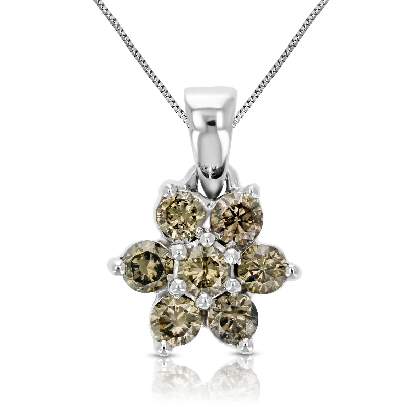 1/2 cttw Champagne Diamond Cluster Composite Pendant Necklace 10K White Gold