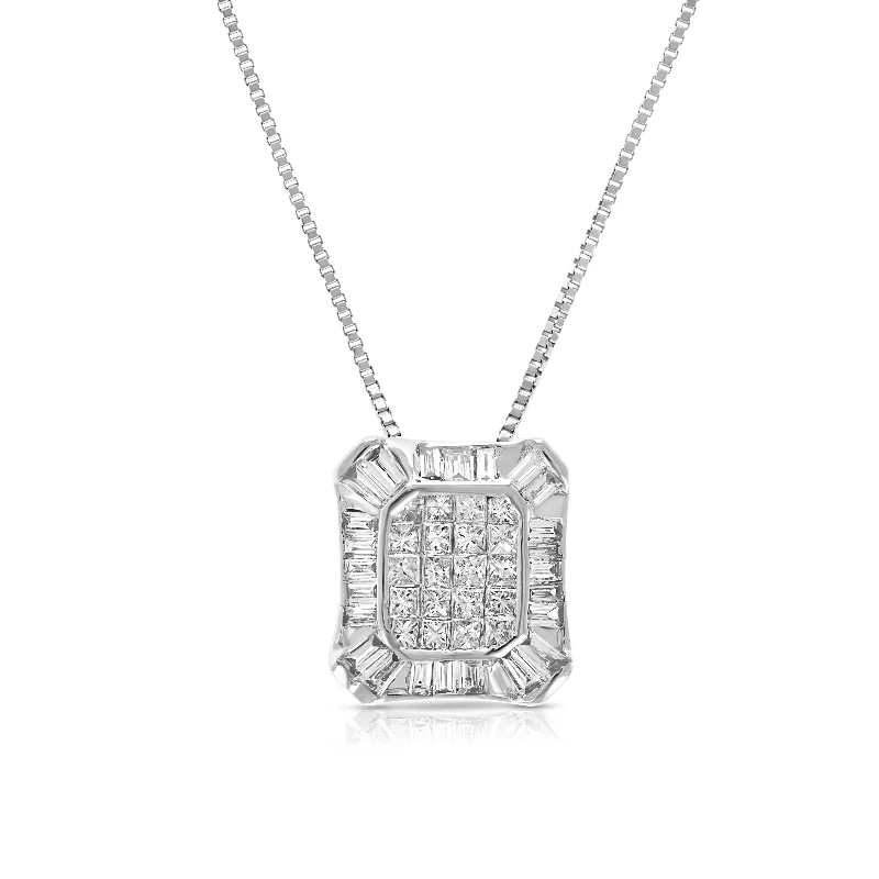 1/2 cttw Princess and Baguette Diamond Composite Pendant Necklace 14K White Gold