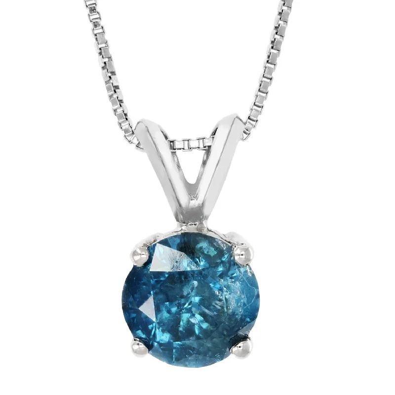 1.25 cttw Blue Diamond Solitaire Pendant Necklace 14K White Gold Round and Chain