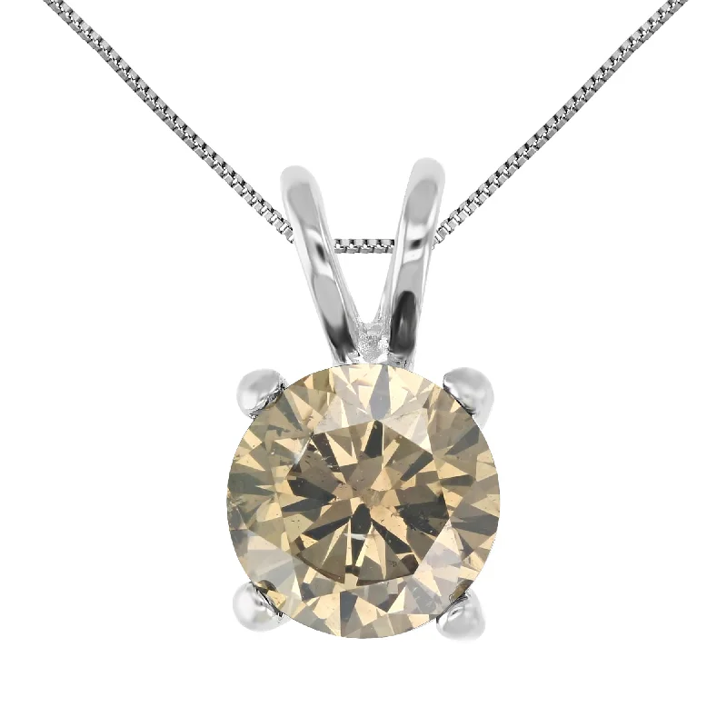 1/3 cttw Champagne Diamond Solitaire Pendant 14K White Gold Round with Chain