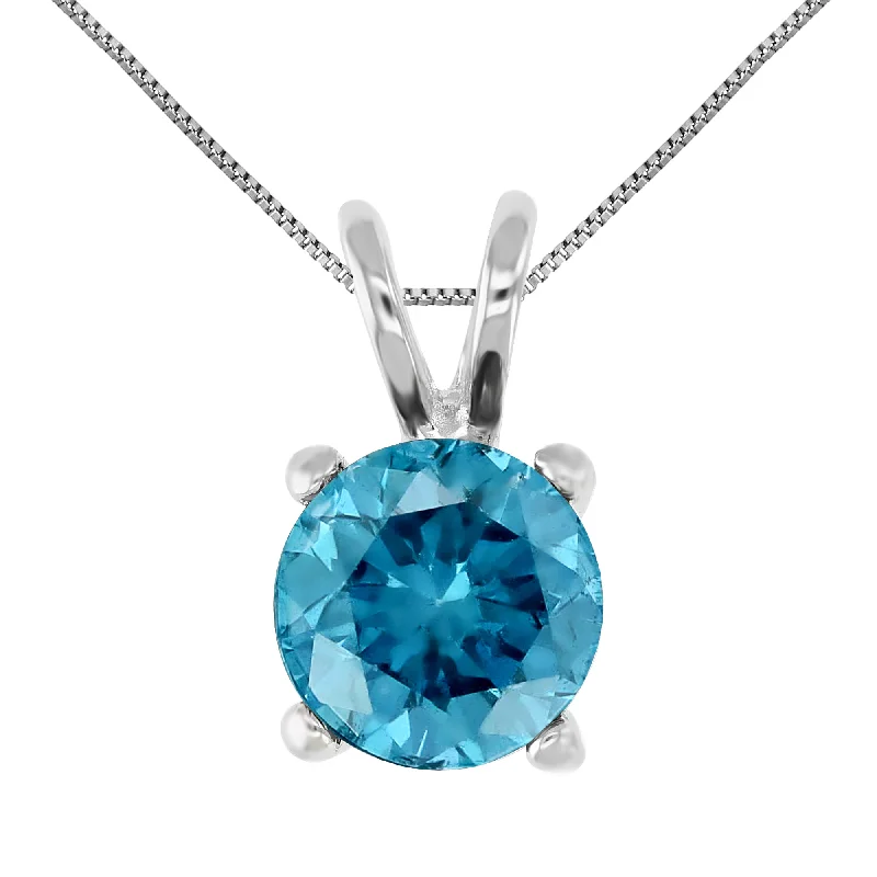 1.40 cttw Blue Diamond Solitaire Pendant Necklace 14K White Gold Round and Chain