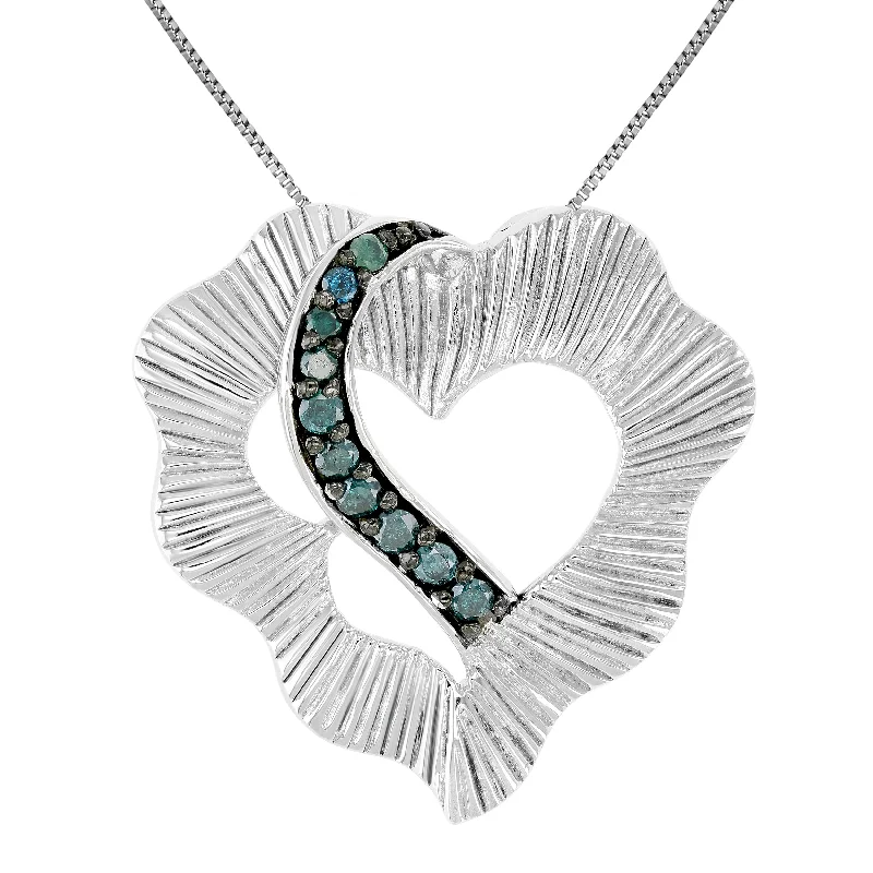 1/5 cttw Blue Diamond Heart Pendant Necklace .925 Sterling Silver With Chain