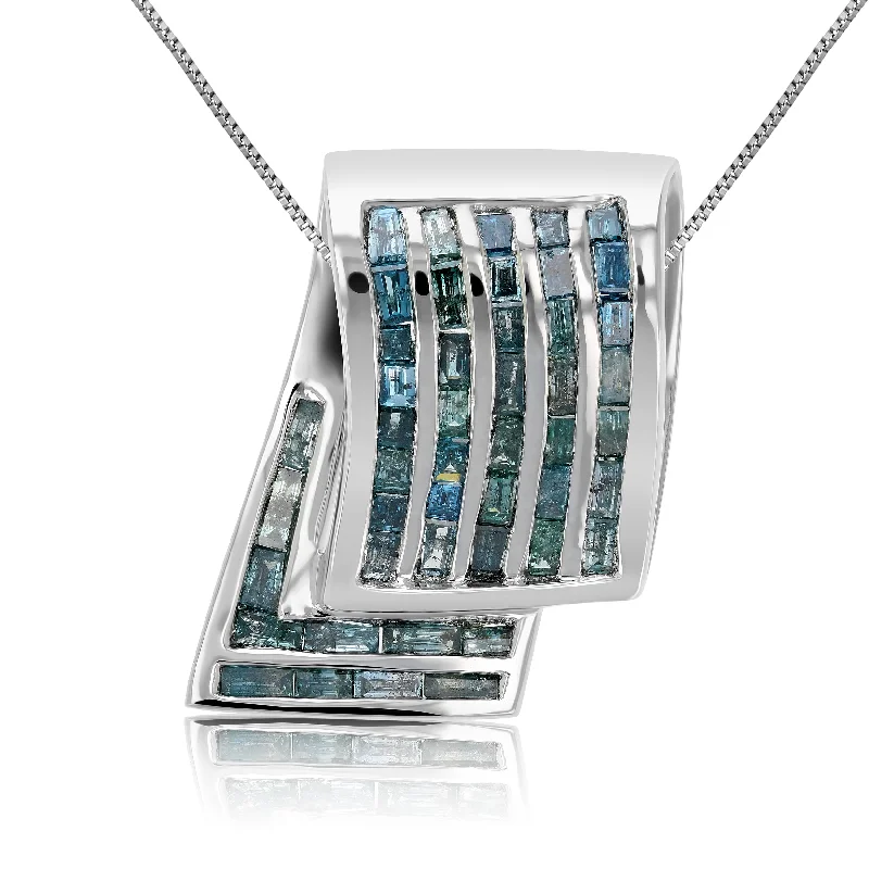 2.30 cttw Blue Diamond Baguette Pendant Necklace 14K White Gold with 18 Inch Chain