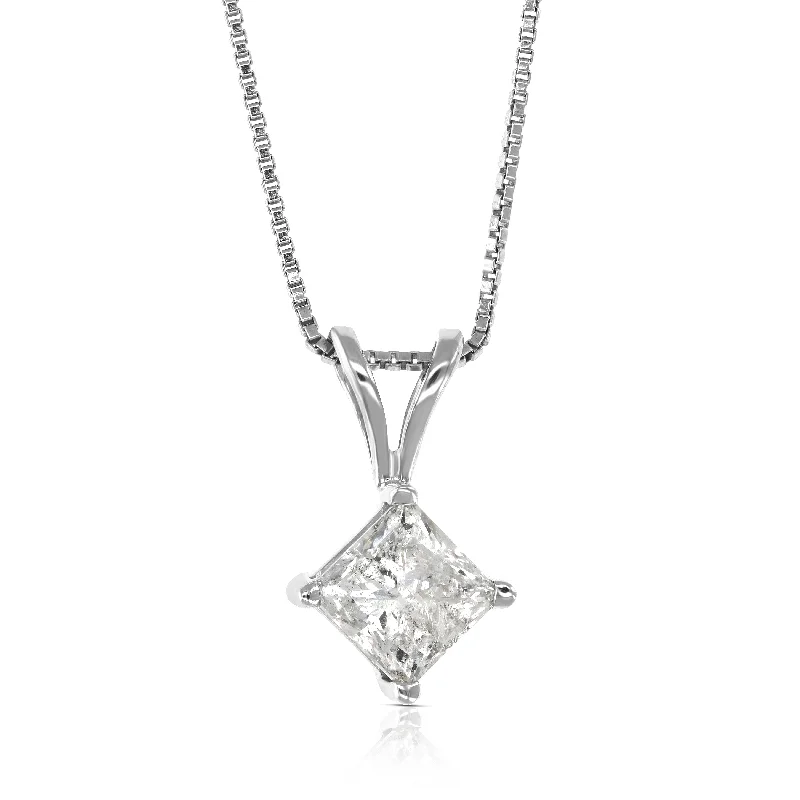 1 cttw Diamond Solitaire Pendant Necklace 14K White Gold Princess with Chain