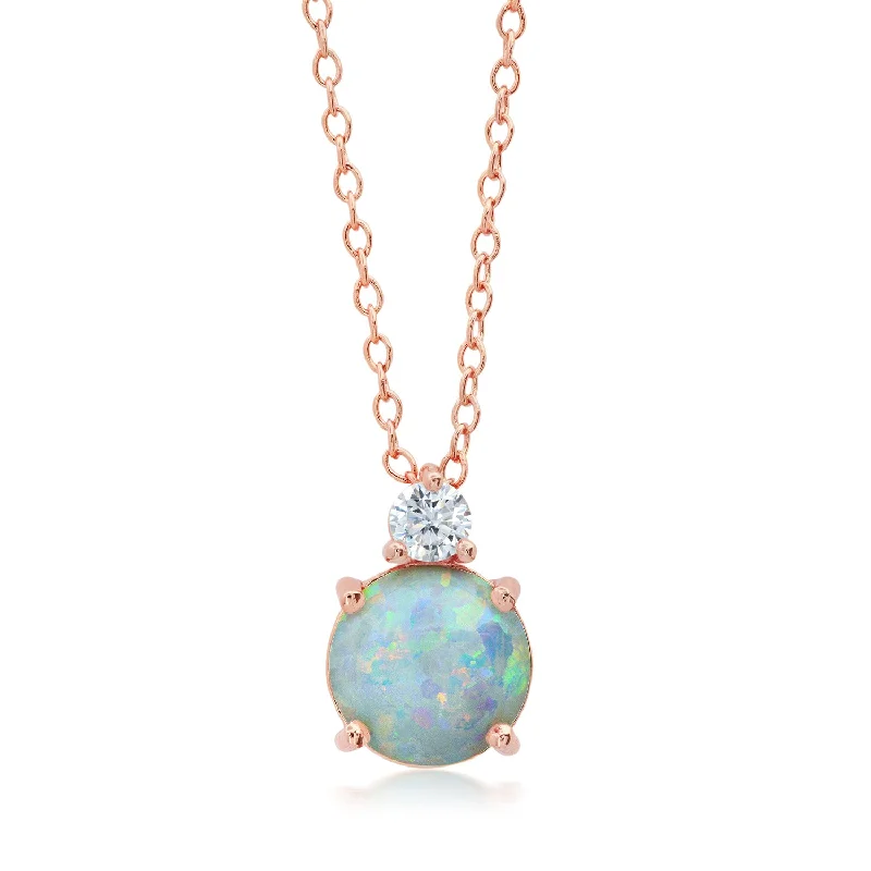 18k Rose Gold Overlay over Sterling Silver Round Created Opal Pendant Necklace with CZ Accents on 18 Inch Adjustable Chain