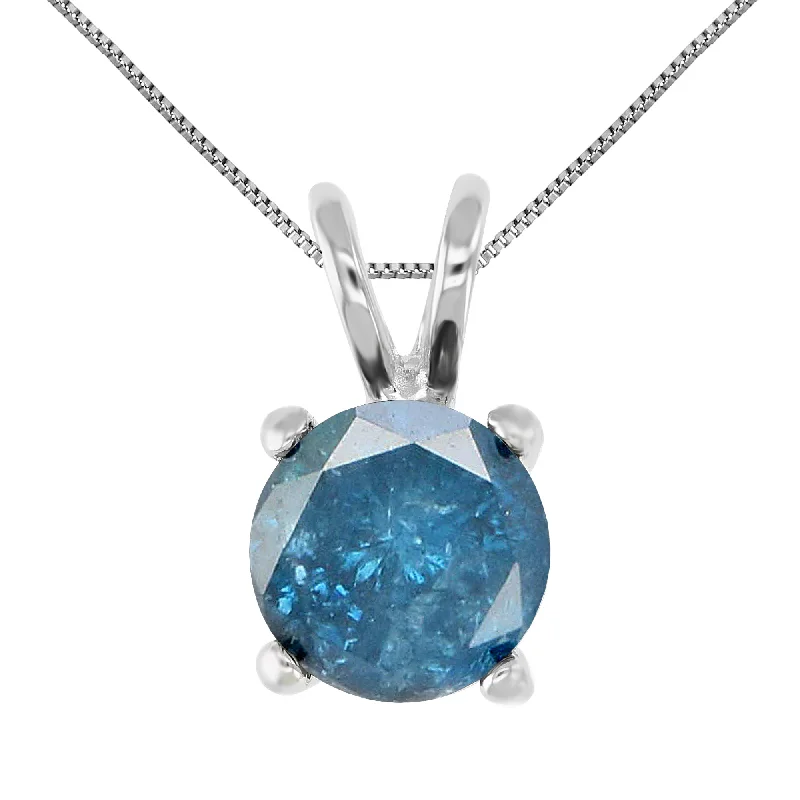 2 cttw Blue Diamond Solitaire Pendant Necklace 14K White Gold Round with Chain