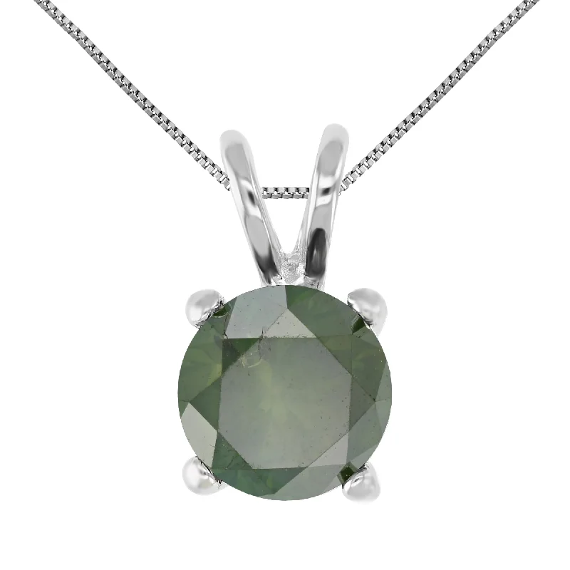 2 cttw Green Diamond Solitaire Pendant Necklace 14K White Gold Round with Chain