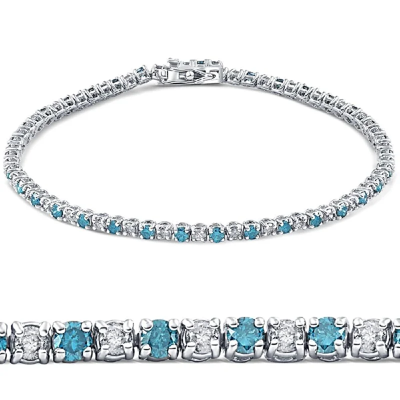 3ct Blue & White Diamond Tennis Bracelet 14K White Gold 7"