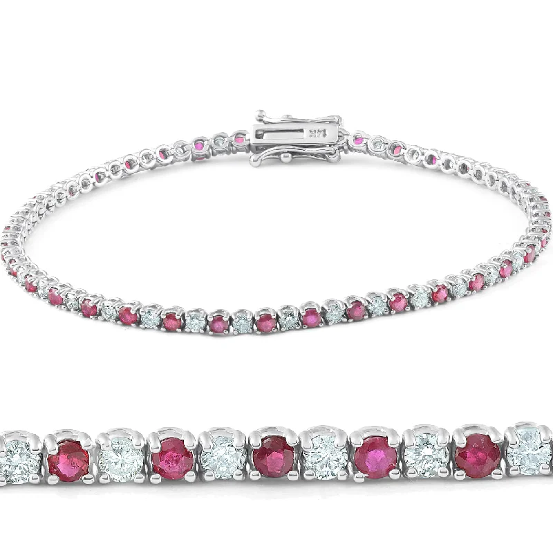 3ct Genuine Ruby & Real Diamond Tennis Bracelet 14K White Gold