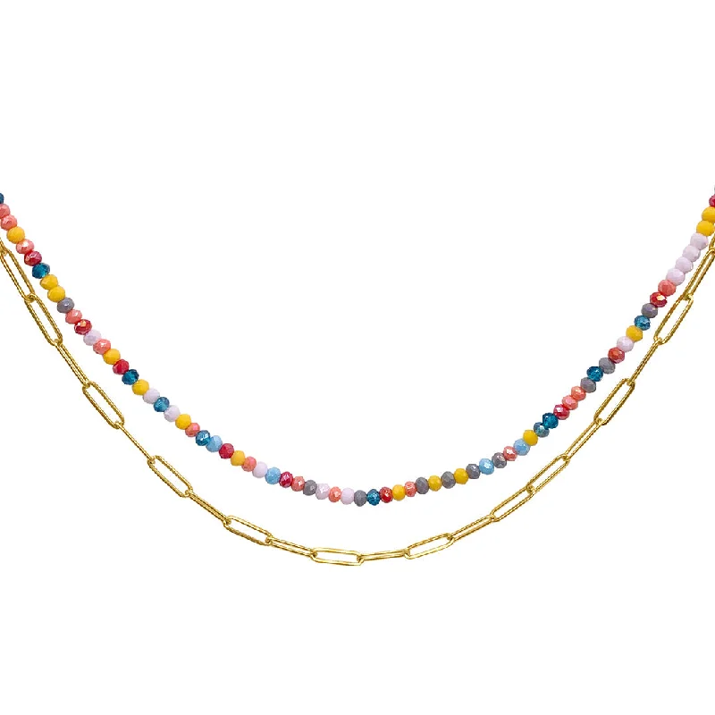 Adornia Multi Color Bead and Paper Clip Chain Double Necklace gold