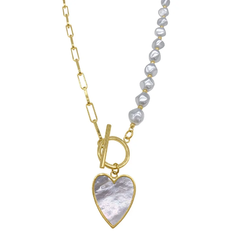 Adornia Pearl and Chain Heart Toggle Necklace