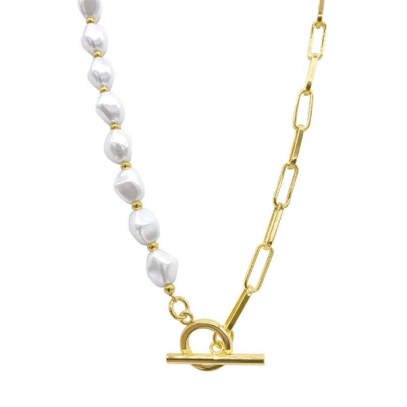 Adornia Pearl and Paper Clip Chain Toggle Necklace gold