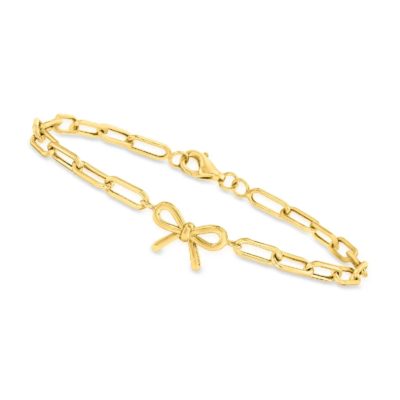 Canaria 4mm 10kt Yellow Gold Paper Clip Link Bracelet With Bow Charm