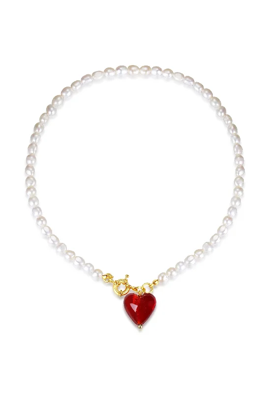 Esmée Red Glaze Heart Pendant Pearl Necklace