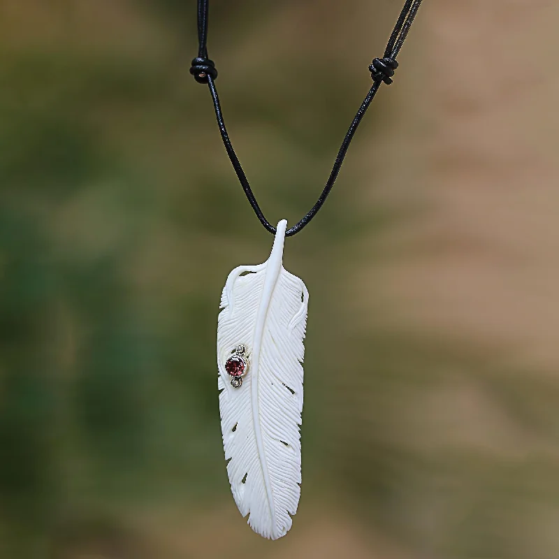 Feather Soul Garnet Silver & Bone Necklace