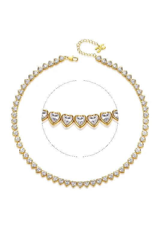 Gold Sparkling Heart Shaped Zirconia Tennis Necklace