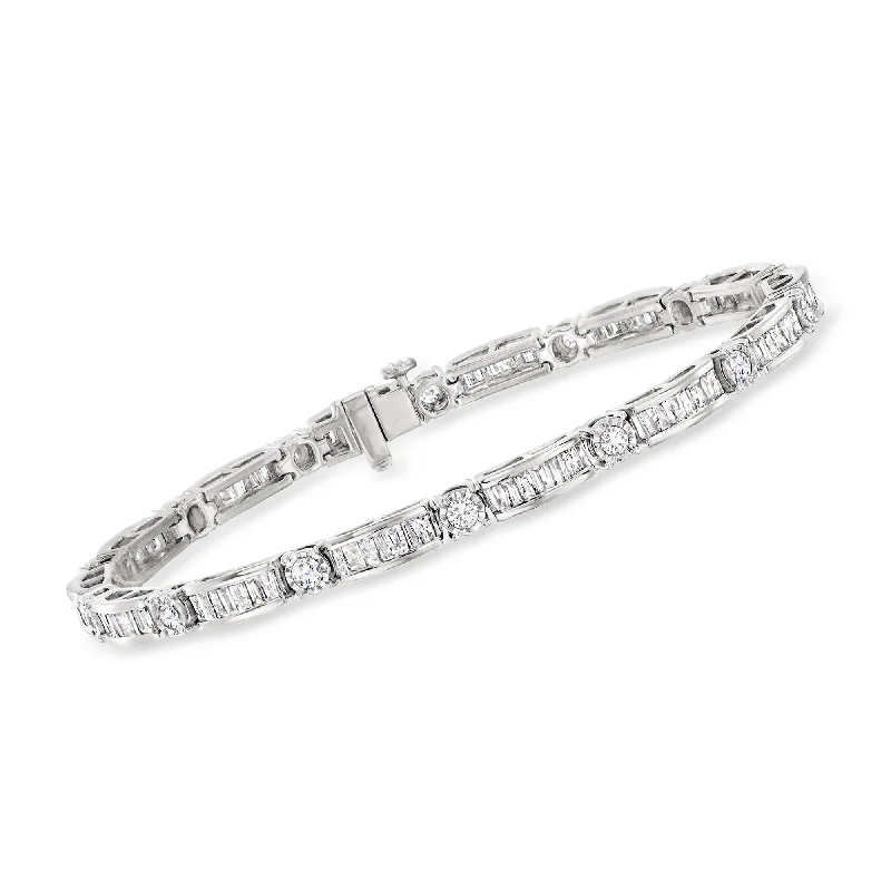 Ross-Simons 3.00- Baguette and Round Diamond Bracelet in Sterling Silver. 7 inches