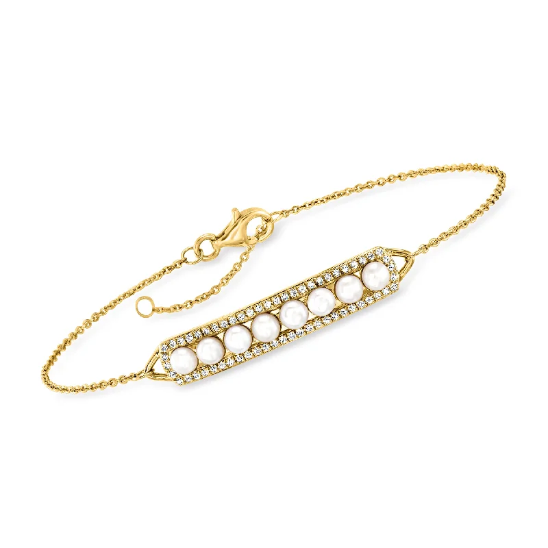 Ross-Simons 3.5-4mm Cultured Pearl and White Topaz Bar Bracelet in 18kt Gold Over Sterling