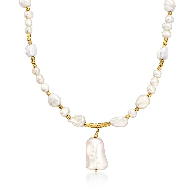 Ross-Simons 5-14mm Cultured Baroque Pearl Drop Necklace in 18kt Gold Over Sterling