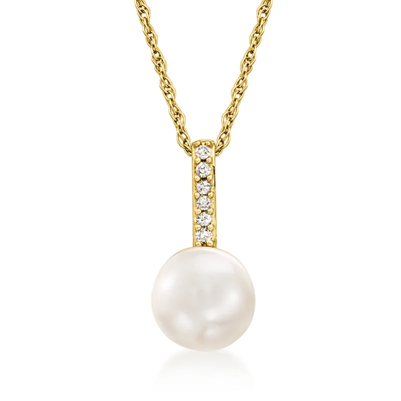 Ross-Simons 6-6.5mm Cultured Pearl Pendant Necklace With Diamond Accents in 14kt Yellow Gold