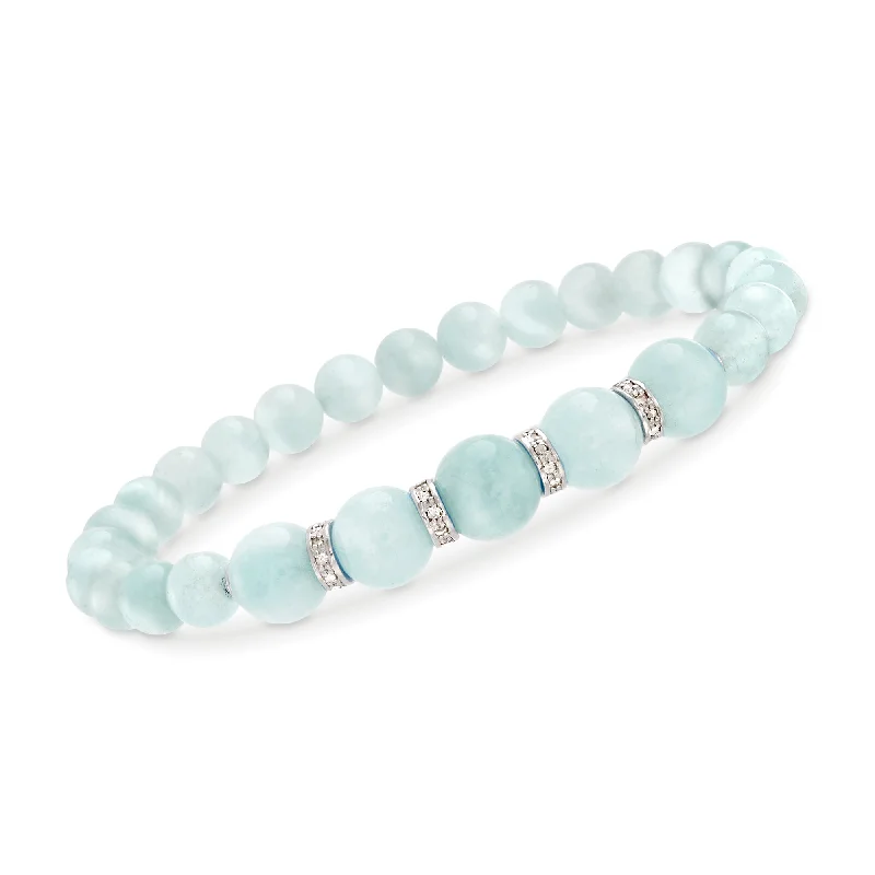 Ross-Simons 6-8mm Graduated Aquamarine Bead and . Diamond Spacer Bracelet in Sterling Silver