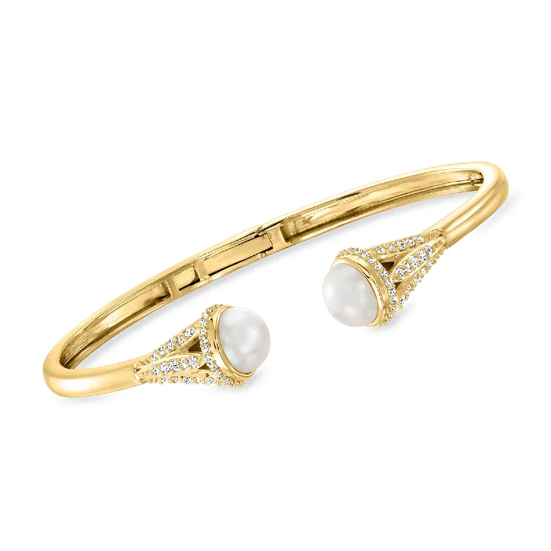 Ross-Simons 8mm Cultured Pearl and . White Topaz Cuff Bracelet in 18kt Gold Over Sterling. 7 inches