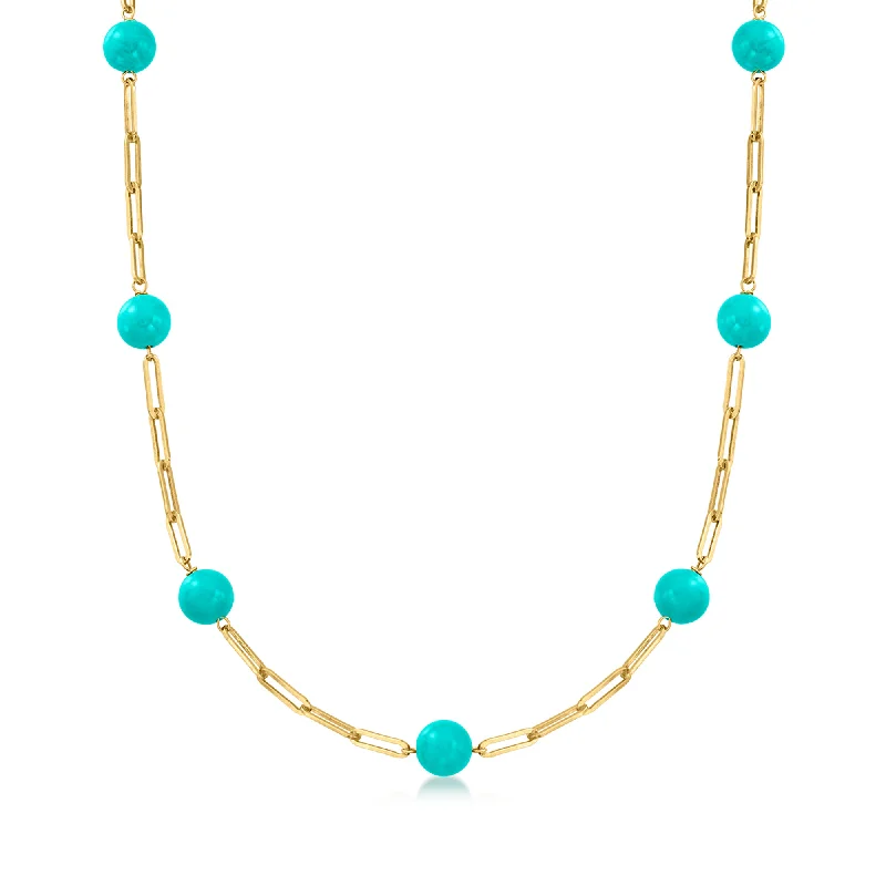 Ross-Simons 8mm Turquoise Bead Paper Clip Link Necklace in 18kt Gold Over Sterling